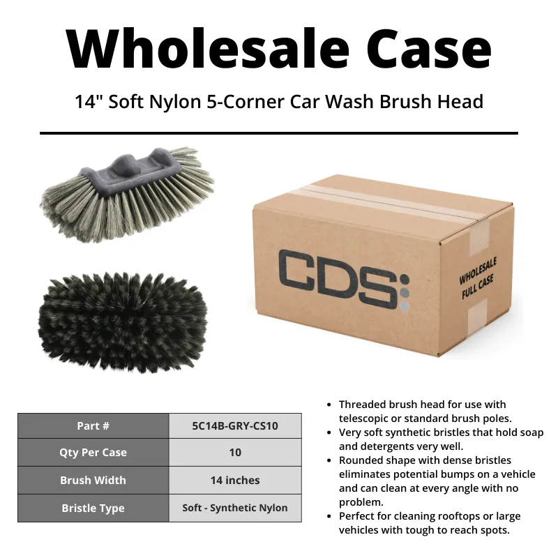 14" Soft Nylon 5-Corner Car Wash Brush Head [Case of 10]