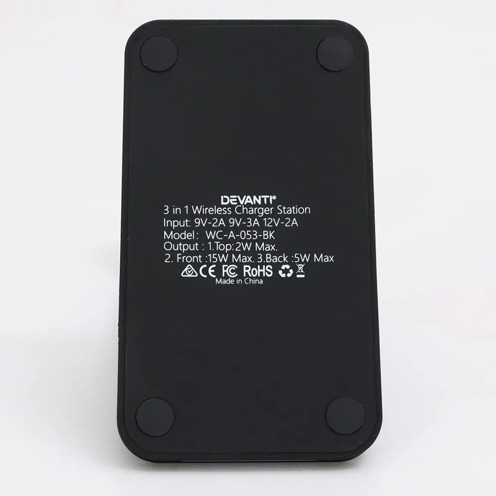 15W 3-in-1 Fast Wireless Charger, Qi Compatible - Devanti