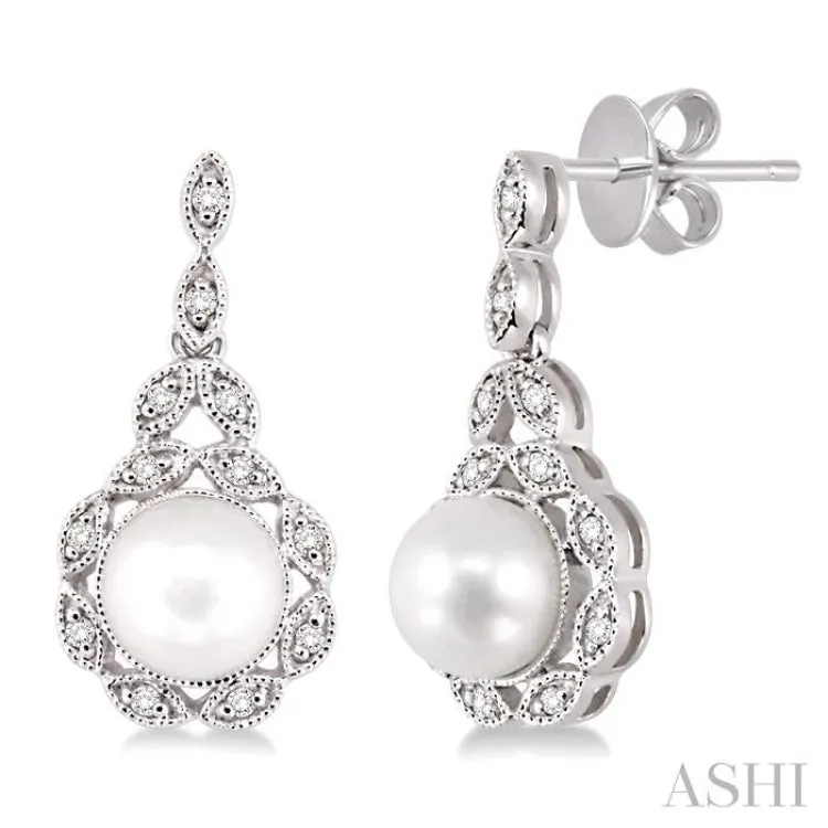 1/8 ctw Cutwork Marquise Halo 6X6 MM Cultured Pearl and Round Cut Diamond Fashion Earring in 10K White Gold