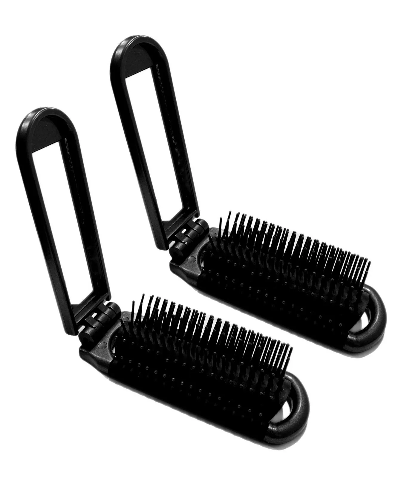 2 Black ALAZCO Folding Hair Brush With Mirror Compact Pocket Size Travel Car Gym Bag Purse Locker Swimming Camping Sleepover Gift and more