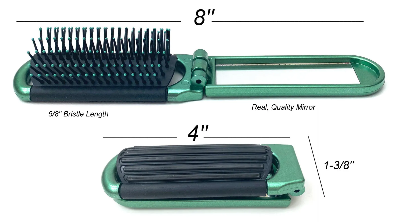 2 GREEN ALAZCO Folding Hair Brush With Mirror Compact Pocket Size Travel Car Gym Bag Purse Locker Swimming Camping Sleepovers and more