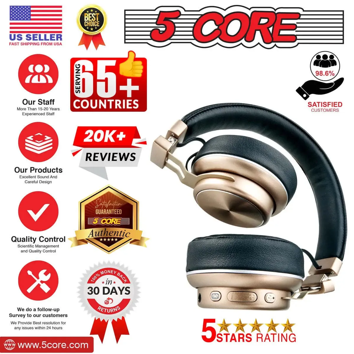 5 Core Bluetooth Headphones Over Ear Noise Cancelling Headset