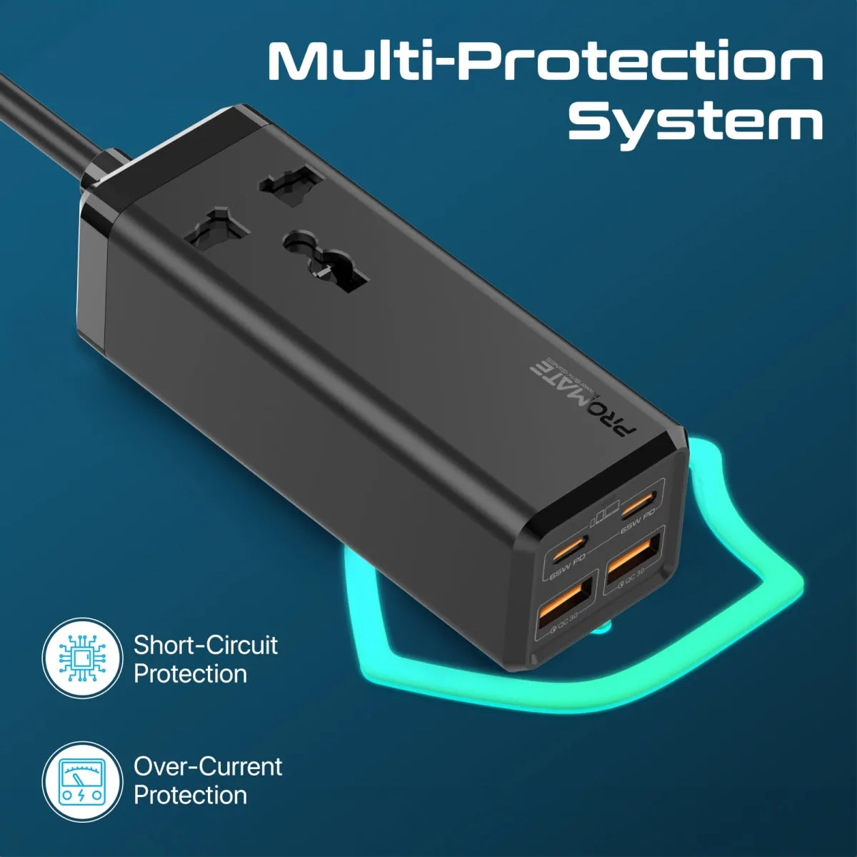 65W GaNFast™ Multi-Port Power Strip with Universal AC Socket