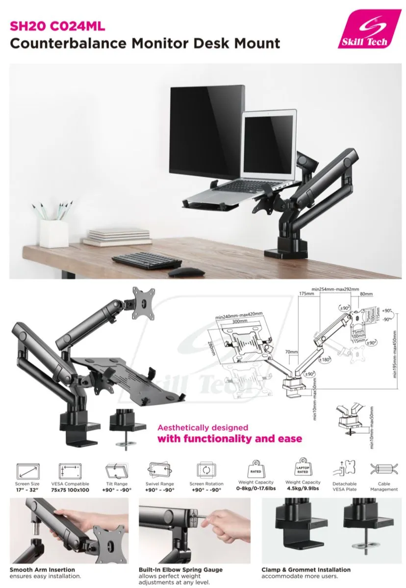 Aluminium Slim Pole-Mounted Spring-Assited Monitor Arm With Laptop Holder - SH 20 C024ML (Fits Most 17" ~ 32")