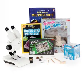 AmScope Kid's Natural Geode Discoverer Series Set featuring Deluxe All-In-One Stereo Microscope, Ultimate Natural Geode Exploration Set and more