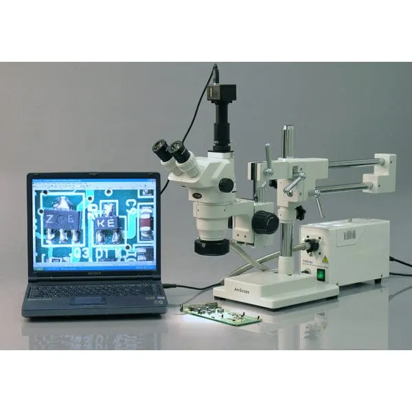 AmScope ZM-4 Series Ultimate Zoom Trinocular Stereo Microscope 2X-225X Magnification on Double Arm Boom Stand