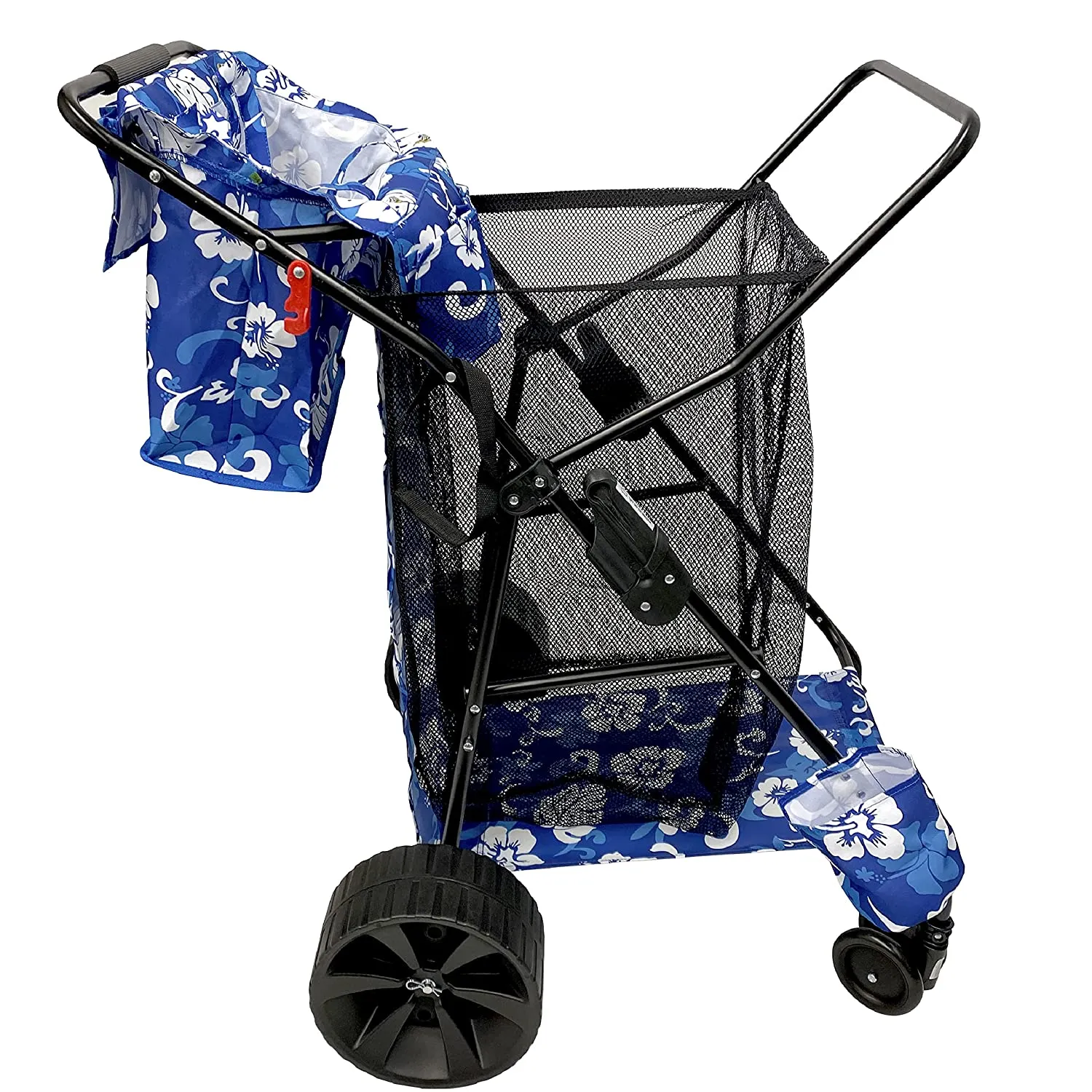 Beach cart Deluxe Flower Pattern EasyGo Beach Cart Deluxe–Heavy Duty Folding Design–Large Wheels for Sand–Holds 4 Beach Chairs–Storage Pouch–Beach Umbrella Holder–Removable Beach Bag-Flower Pattern