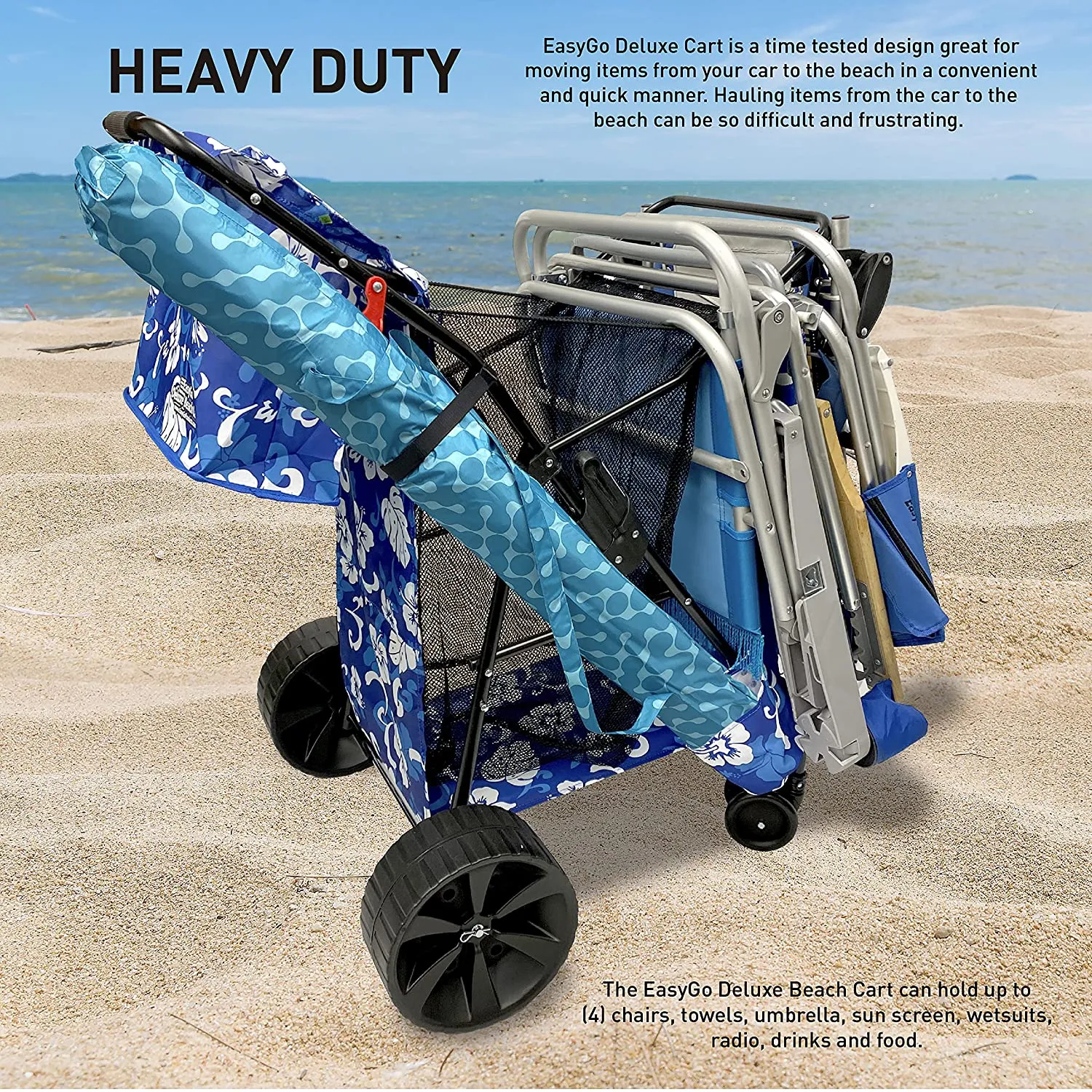 Beach cart Deluxe Flower Pattern EasyGo Beach Cart Deluxe–Heavy Duty Folding Design–Large Wheels for Sand–Holds 4 Beach Chairs–Storage Pouch–Beach Umbrella Holder–Removable Beach Bag-Flower Pattern