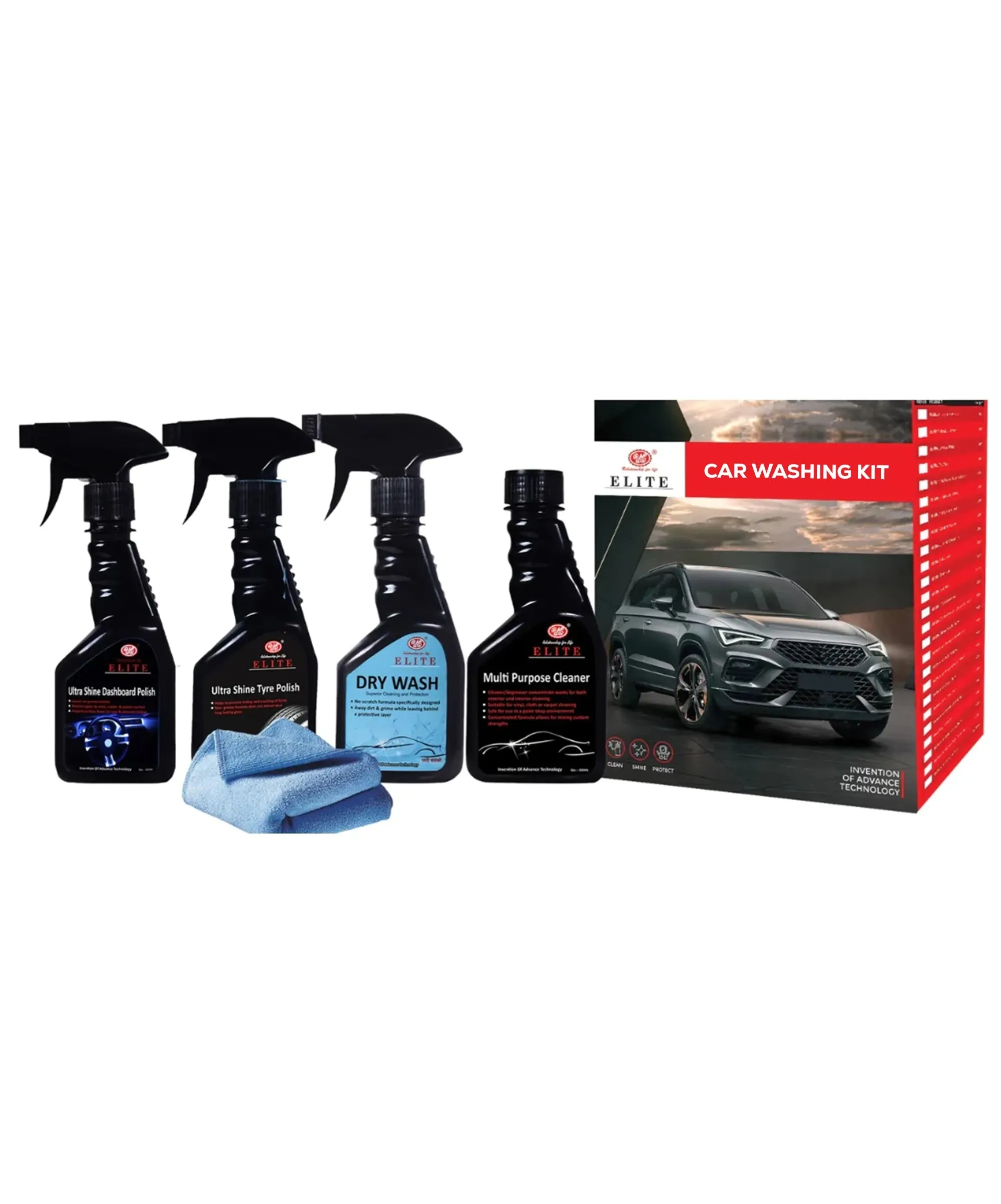 Car & Bike Washing Kit, Car Washing Kit, Bike Washing Kit with Waterless Wash & Wax, Tyre Polish, Dashboard Polish, Interior Cleaner for Seat & Roof Cleaner. All Products are 200ml Capacity with Micro Fibre Cloth Free