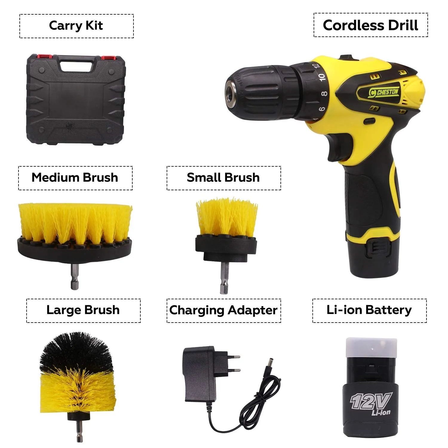 Cheston Electric Drill Brush Power Scrub for Floor, Bathroom, Tile, Car, Grout, Kitchen and Other Cleaning (Yellow, 3 Pieces)