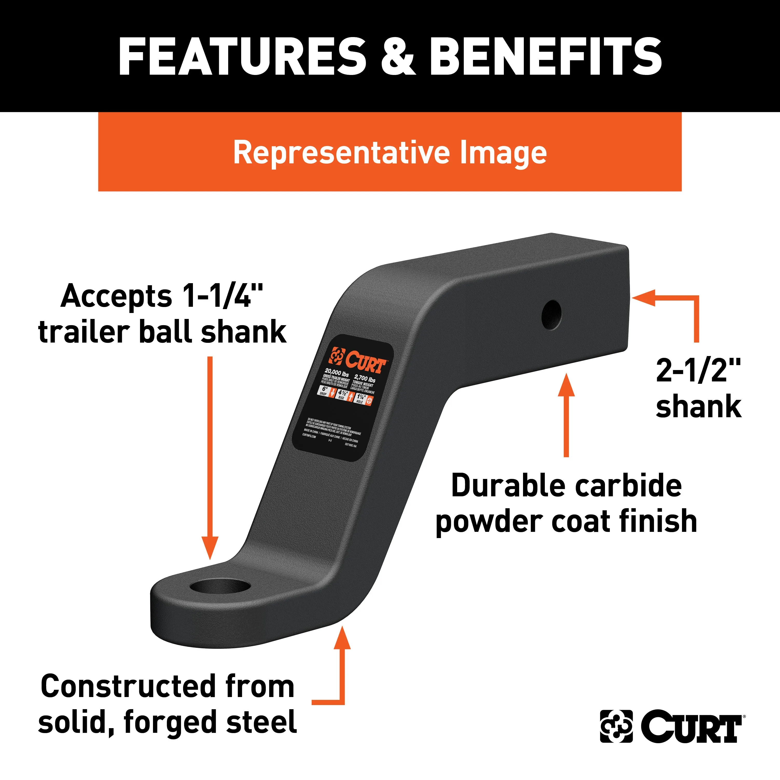 CURT 45459 Commercial Duty Forged Ball Mount (2-1/2in. Shank; 20;000 lbs.; 6in. Drop)