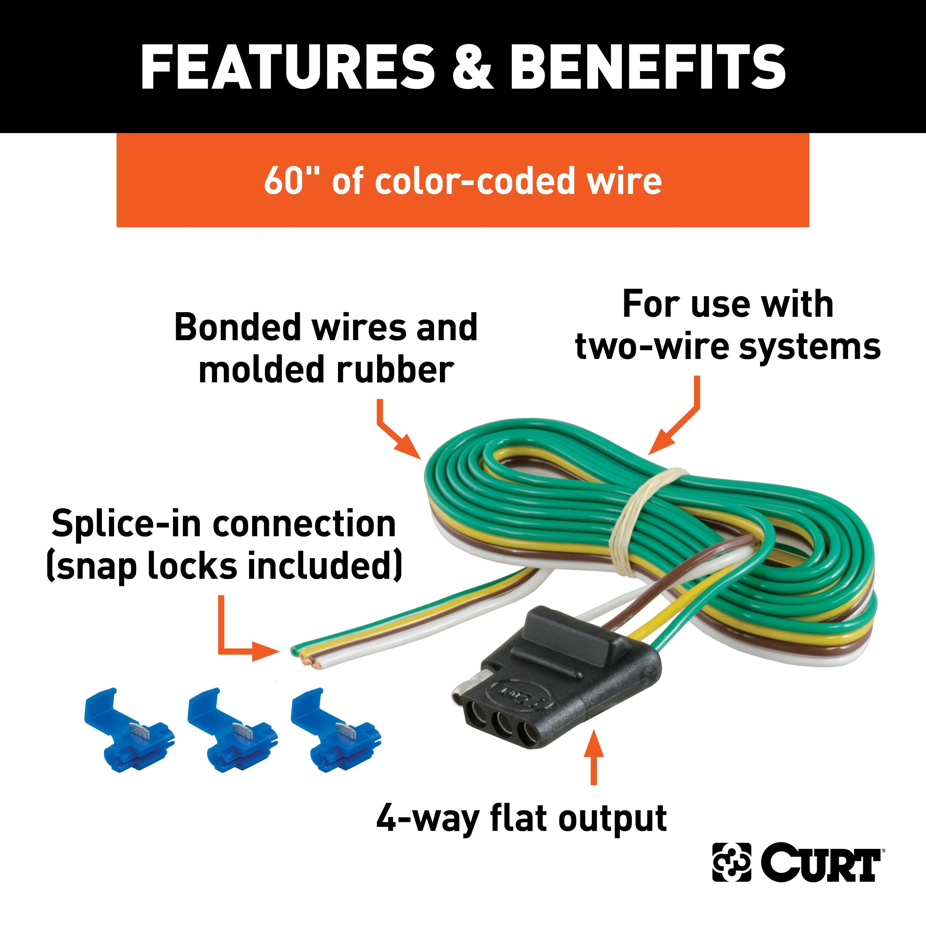 CURT 58044 4-Way Flat Connector Socket with 60in. Wires/Hardware (Vehicle Side; Packaged)