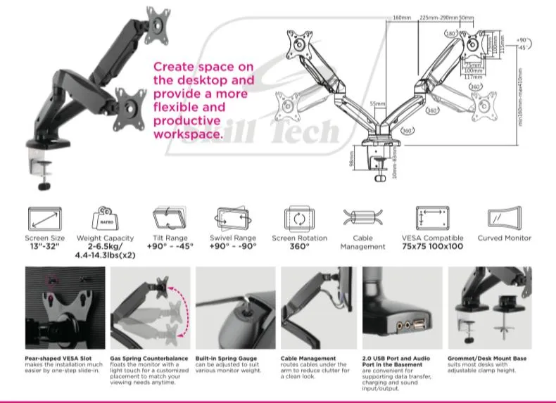 Dual Monitor Gas Spring Deskmount - SH 130 C024 (Fits Most 17" ~ 32")