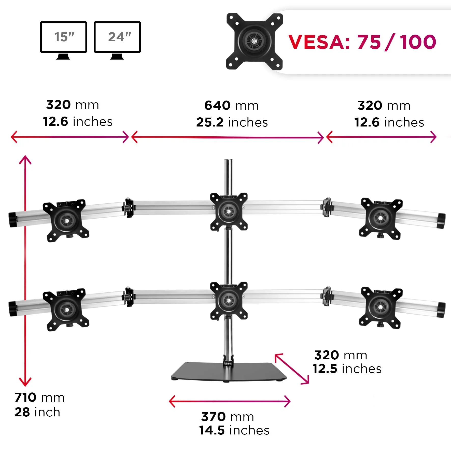 Duronic Computer Monitor Arms Stand DM756 Sextuple Freestanding PC Multi Arms Desk Mount Stands for VESA 75/100 Six 15-24 Inch LED LCD Screens 8kg Capacity Mounts, Tilt -15°/ 15°, Rotate 360° - Black