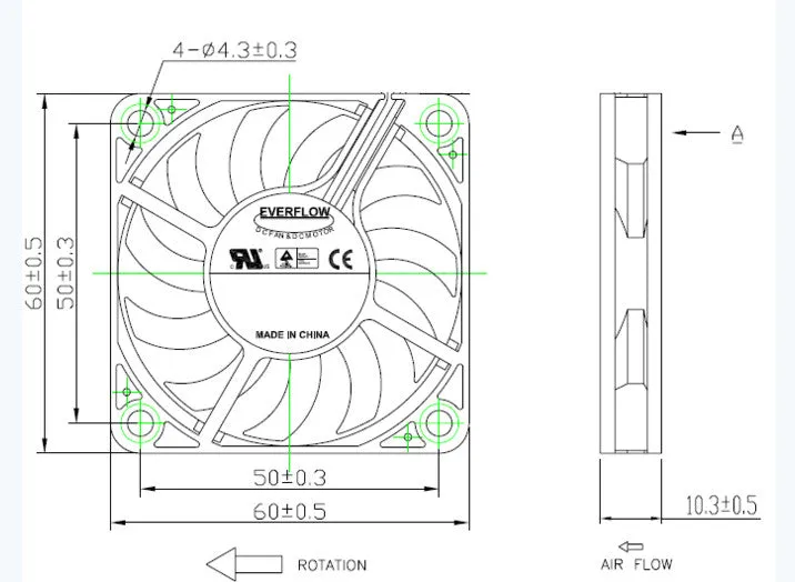 Everflow 60x60x10mm Medium Speed 12 Volt 3 Wire 3 Pin R126010BM