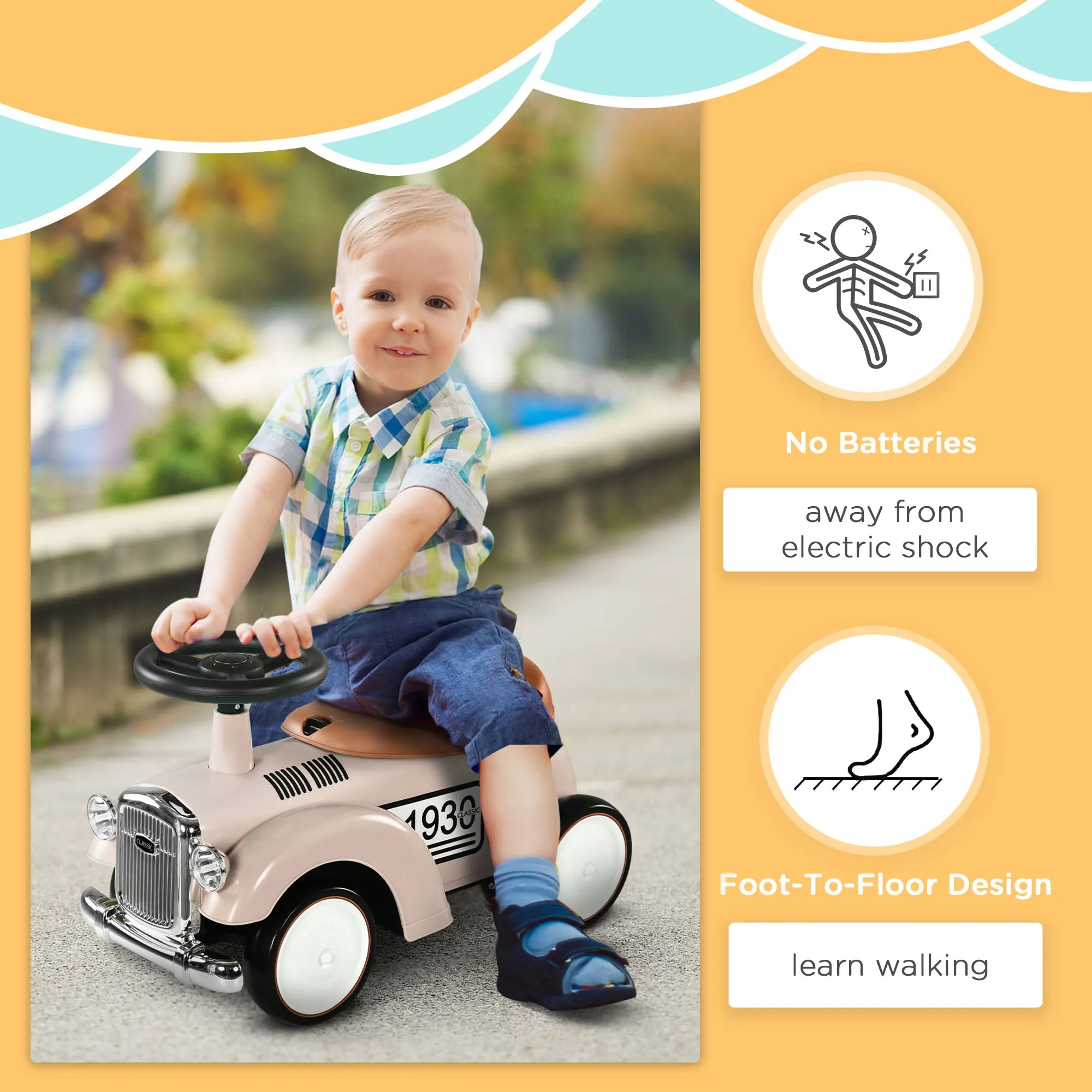 Foot to Floor Slider with Steering Wheel, for Ages 12-36 Months - Cream