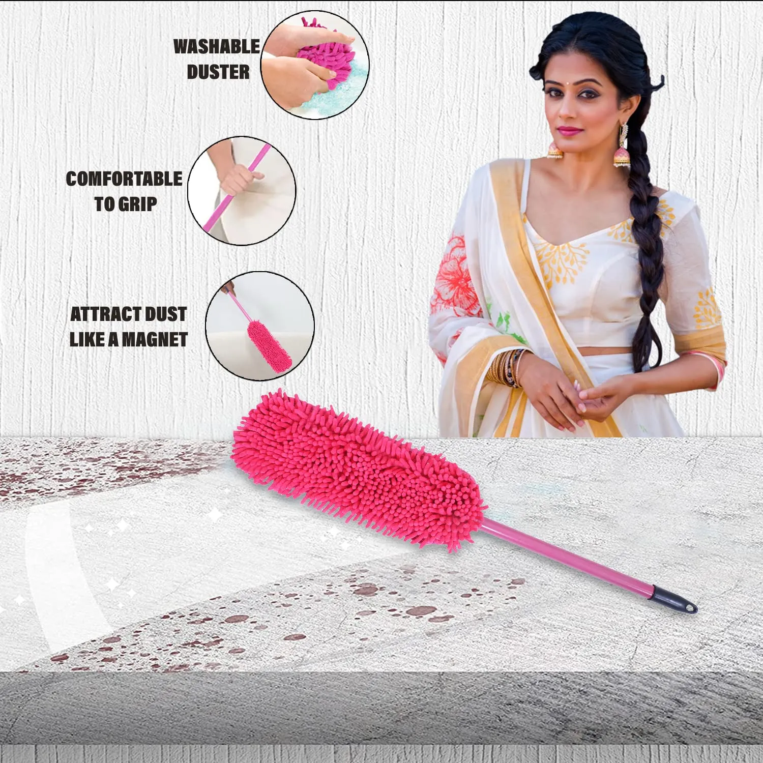 Heart Home Hand Duster|Microfiber Washable Cleaning Brush|Stainless Steel Detachable Handle Dusting Brush for Car|House Cleaning (Pink)