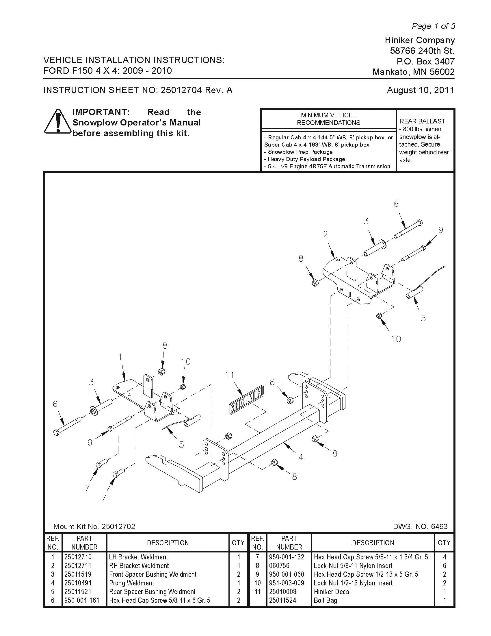 Hiniker Snowplow Mount - Quick Hitch 1 (QH1), 2009-2010 Ford F150, 2013-2014 Ford F150, 25012702