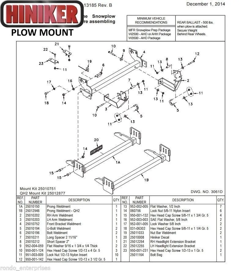 Hiniker Snowplow Mount - Quick Hitch 2 (QH2), 1994-2002 Dodge RAM 2500-3500 & 1994-2001 Dodge RAM 1500, 25012877