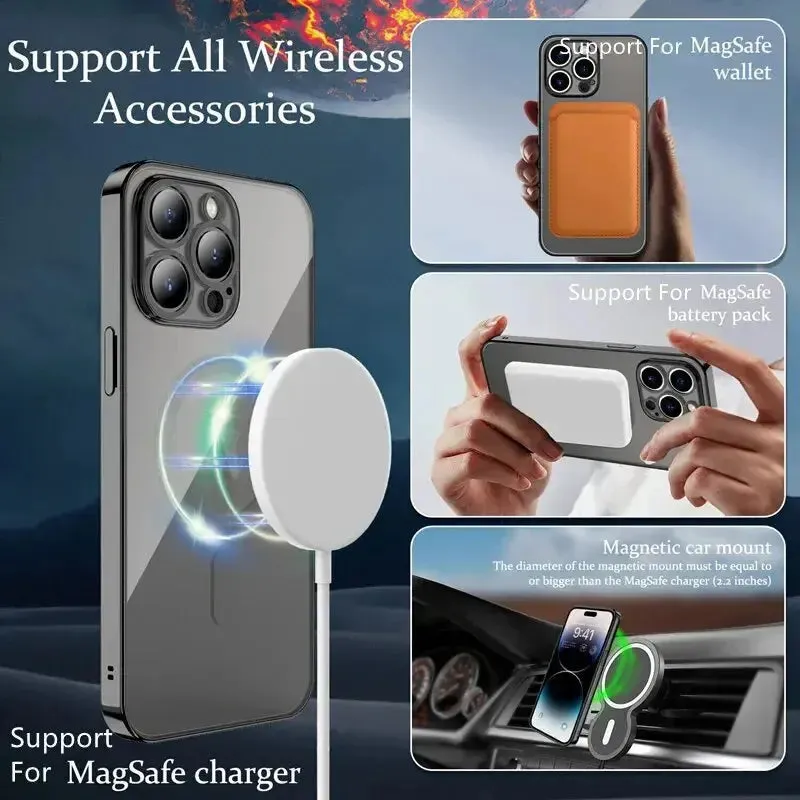 iPhone 15 Wireless Charge case Fashion Plating Magnetic Soft Case For Magsafe For iPhone 15 14 Plus 13 12 11 Pro Max Wireless Charging Case With Lens Protector