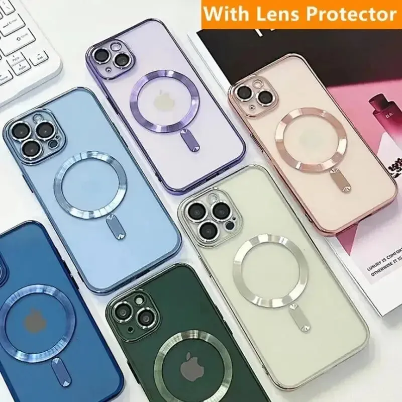 iPhone 15 Wireless Charge case Fashion Plating Magnetic Soft Case For Magsafe For iPhone 15 14 Plus 13 12 11 Pro Max Wireless Charging Case With Lens Protector