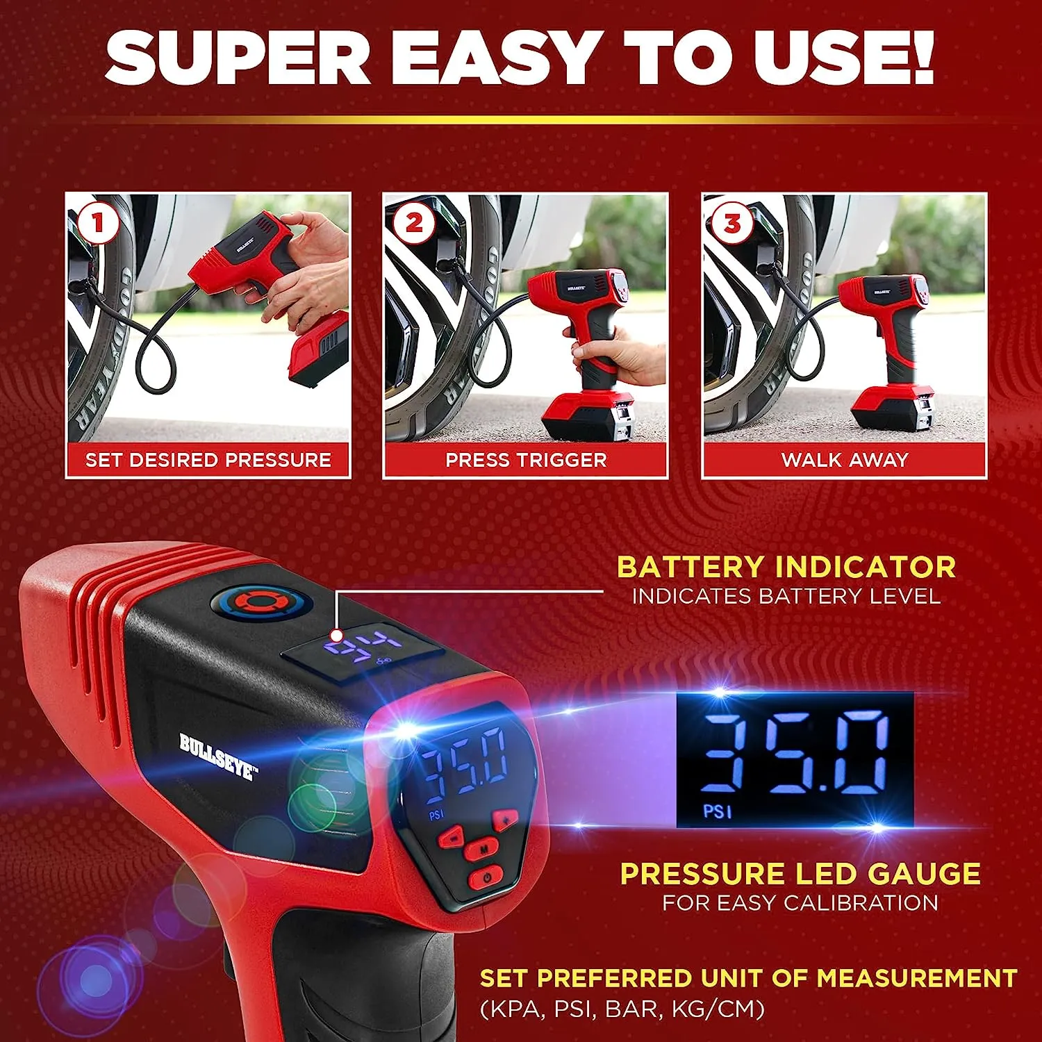 ITEM# 0165   Digital Tire Inflator Automatic 150 PSI Max w/Gauge Display Screen & Pre-Set Pressure in KPA, PSI, BAR, kg/cm, Built-in LED Lights, Rechargeable, Air Compressor, Car Tire Pump (Watch Video)