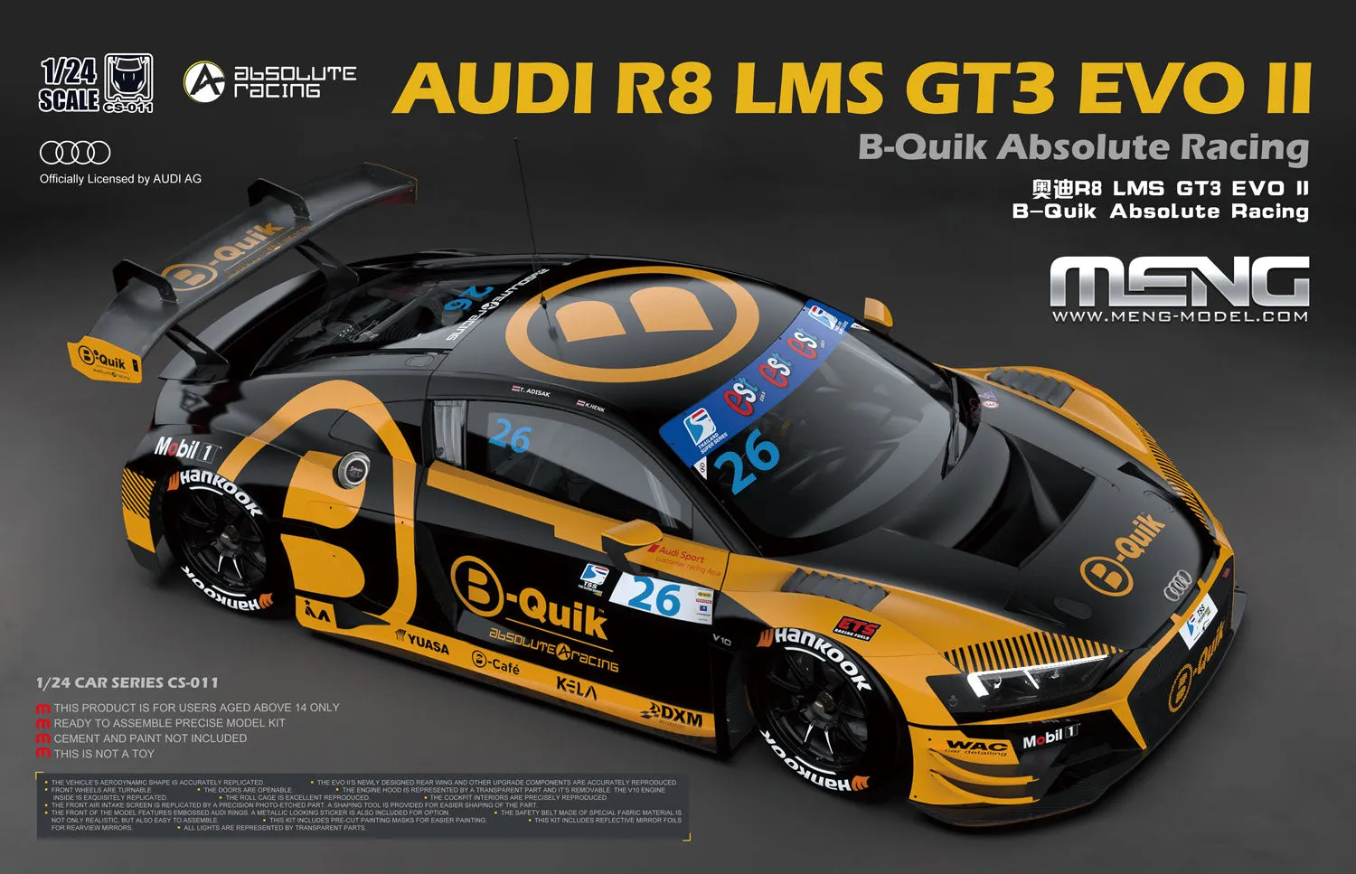 Meng CS-011 Audi R8 LMS GT3 EVO II B-Quik Absolute Racing 1/24 Model Kit