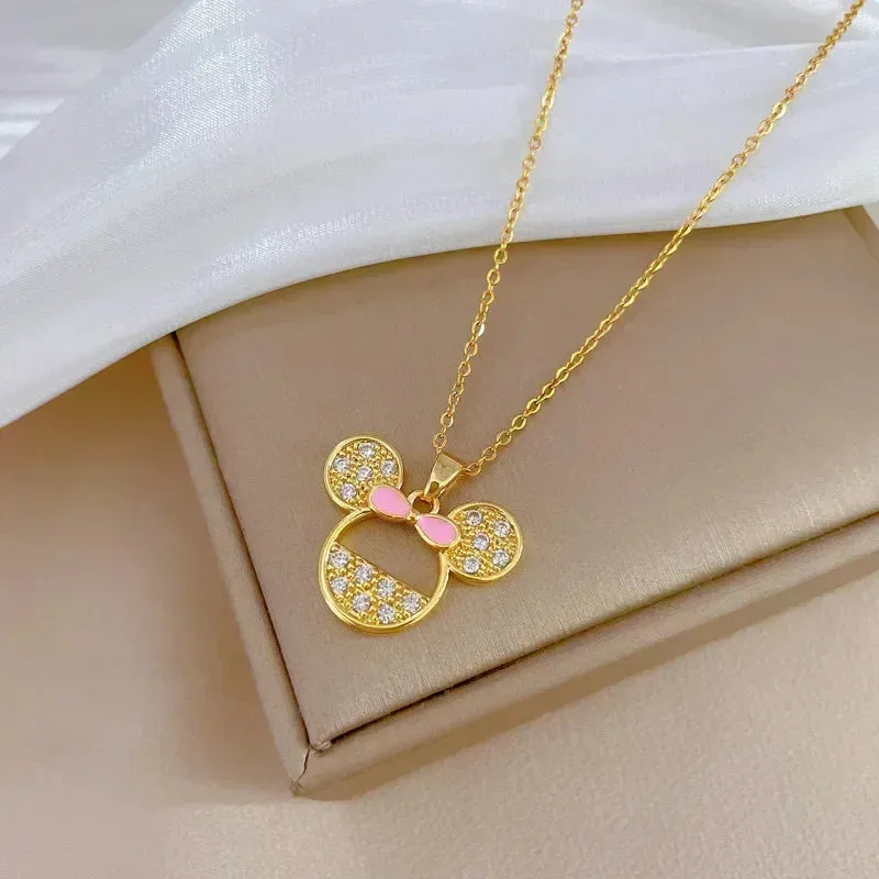 Mickey Minnie Mouse Studded with Zircon Necklace Stainless Steel Chain the perfect gift