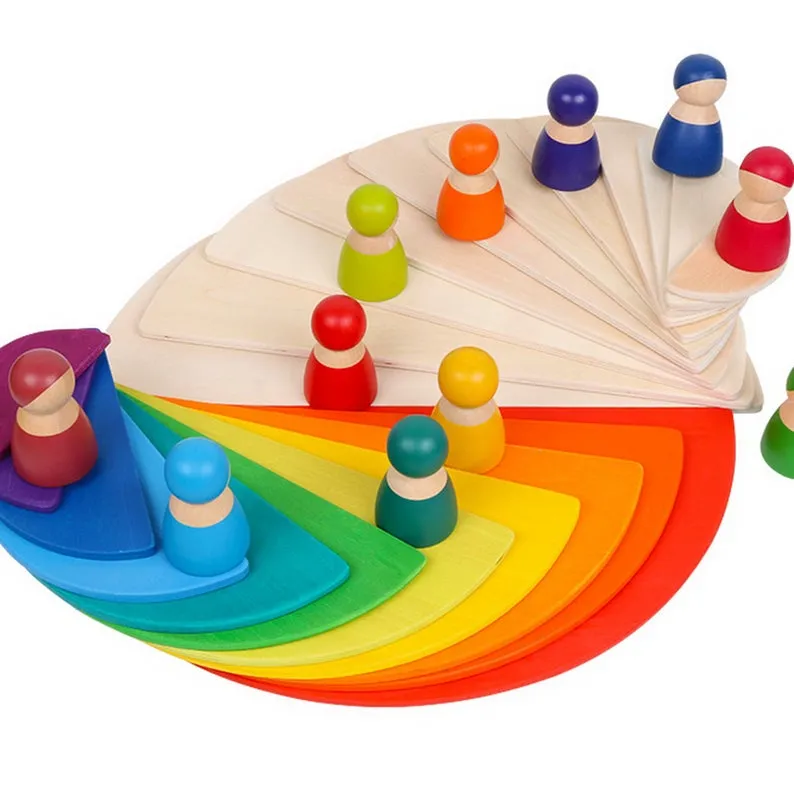 **Pre-order (Ships in 2-3 Weeks)**11 Pcs Large Wooden Rainbow Stacking Semi-circles Building Boards Set in Natural Colors