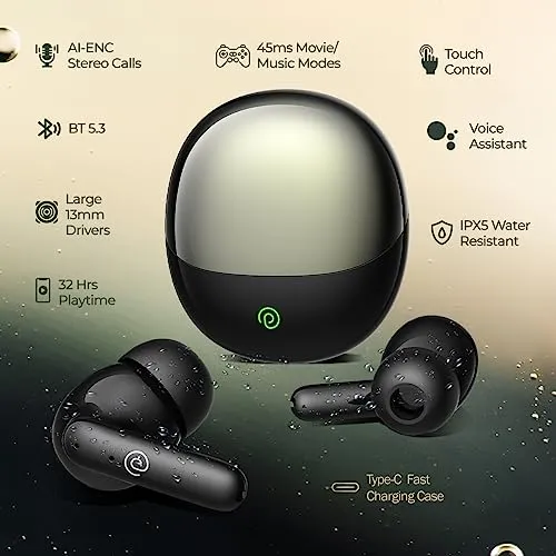 pTron Newly Launched Zenbuds Evo TWS Earbuds,Ai-Trutalk Enc Calls,45Ms Movie/Music Modes,Deep Bass,32Hrs Playtime,Bluetooth 5.3 Headphones,Ipx5 Water Resistant&Type-C Fast Charging (Black),in-Ear