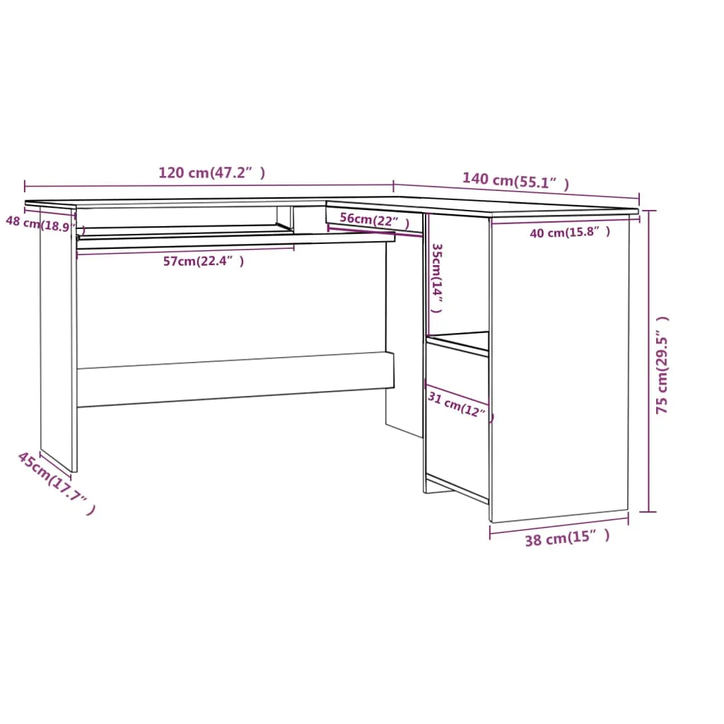 vidaXL L-Shaped Corner Desk High Gloss Black 120x140x75 cm Engineered Wood